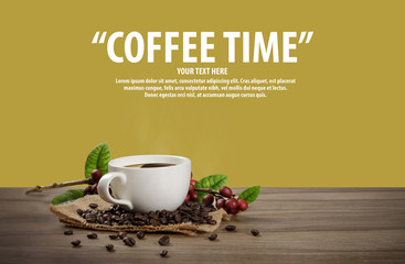 Hot coffee cup with fresh organic red coffee beans and coffee roasts on the wooden table and the...