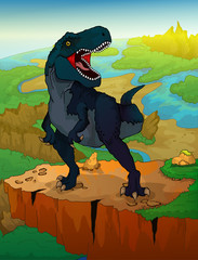 Tyrannosaurus with landscape background. Vector illustration of a cartoon dinosaur © Максим Ковальчук
