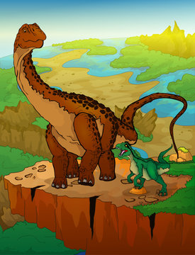 Diplodocus and raptor with landscape background. Vector illustration.
