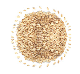 Heap of raw oatmeal on white background