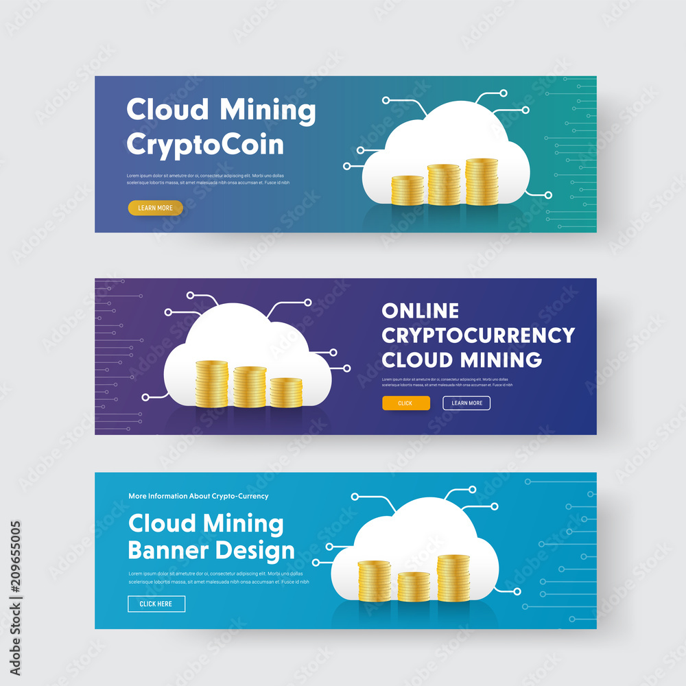 Poster set of vector banners with stacks of coins and a cloud with a chip for the crypto currency.