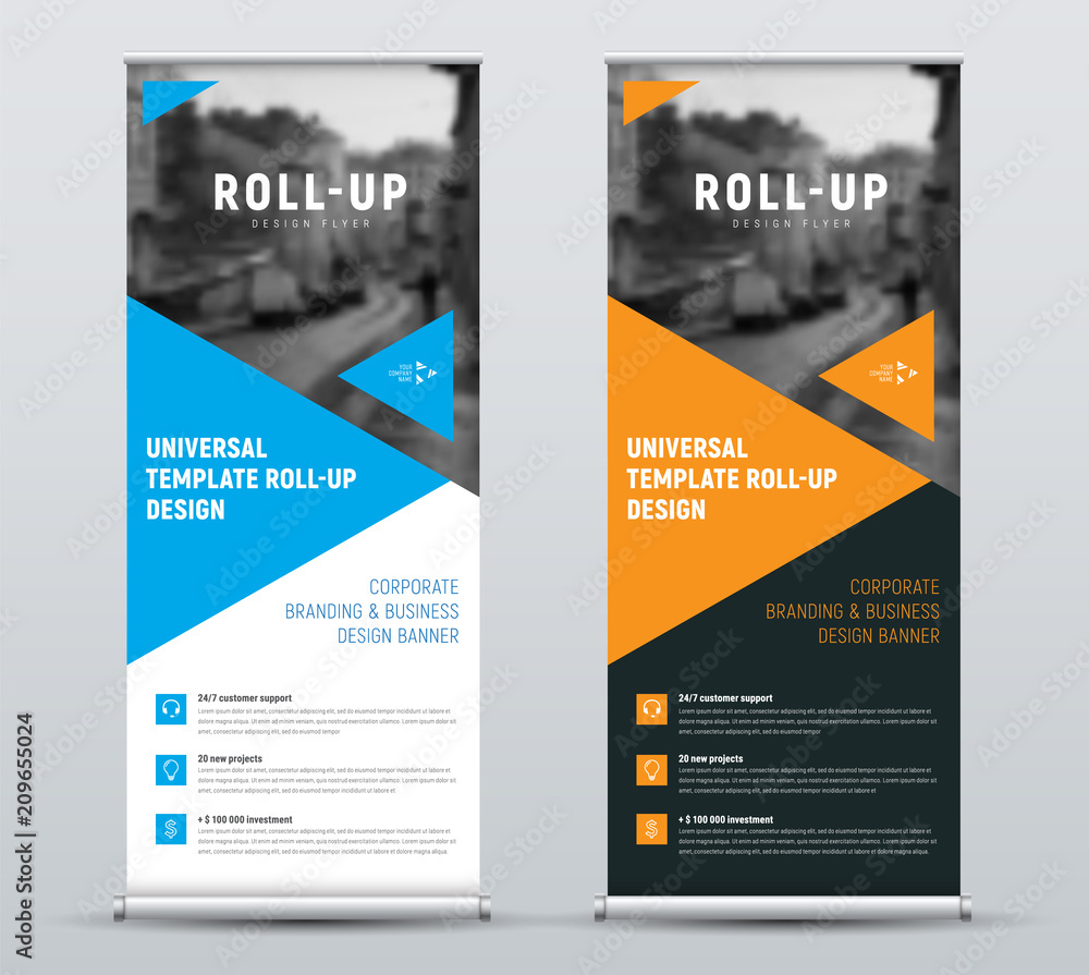 Poster design of roll-up banners with blue and orange triangles and a place for photos.