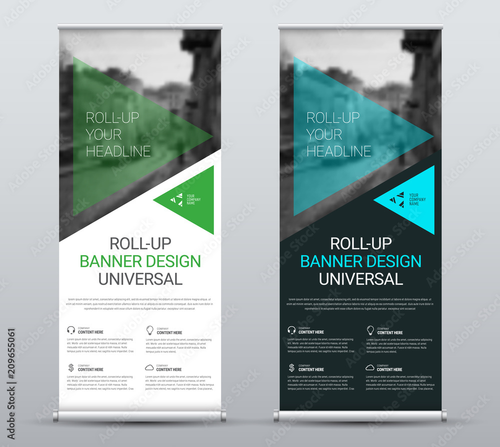 Poster vector design of roll-up banners with transparent green and blue triangles and a place for photos.