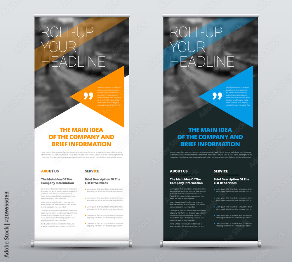 Poster template of vector roll-up banners with blue and orange triangles and a place for a photo.