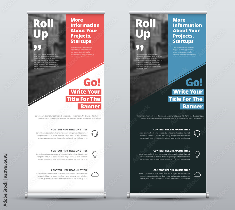 Aufkleber templates of vector white and black roll-up banners with diagonal colored elements and a place for p