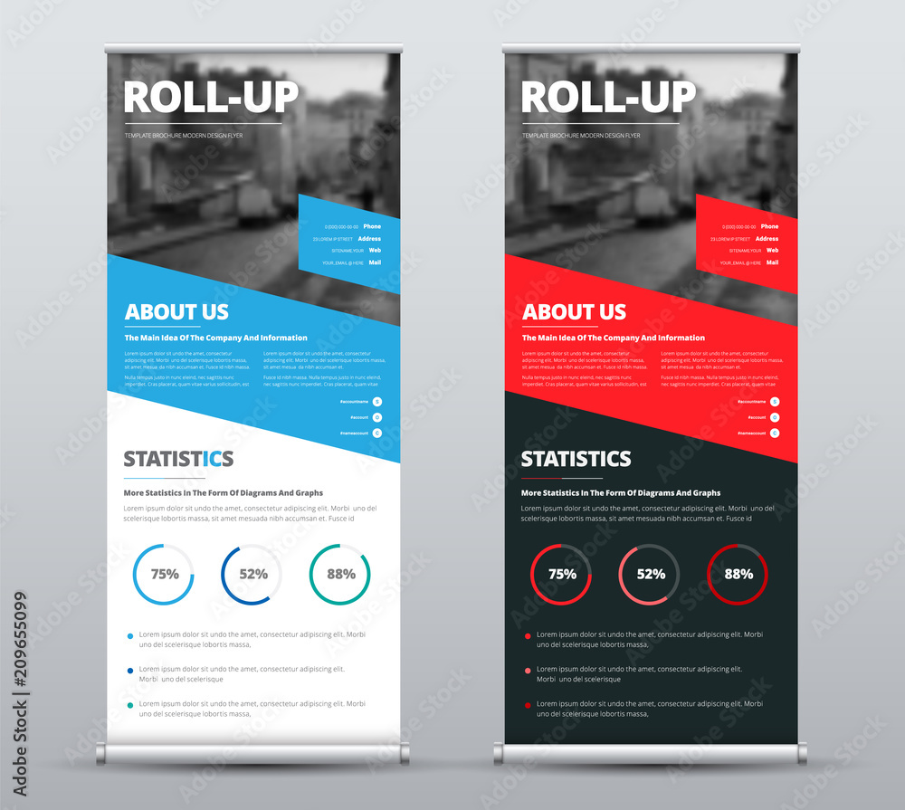 Poster vector design of roll-up banners with diagonal red and blue lines and a place for photos