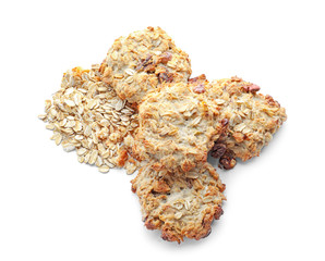 Delicious oatmeal cookies on white background