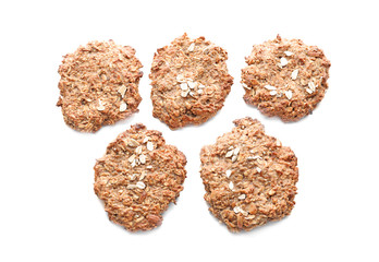 Delicious oatmeal cookies on white background
