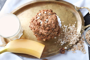 Composition with delicious oatmeal cookies on table