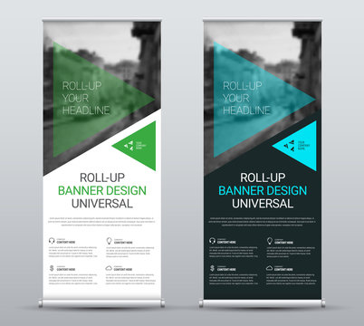 Vector design of roll-up banners with transparent green and blue triangles and a place for photos.