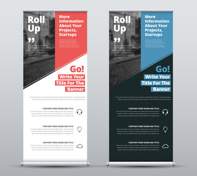 Templates of vector white and black roll-up banners with diagonal colored elements and a place for photos