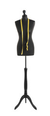 Tailor's mannequin with measuring tape on white background