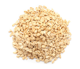Heap of raw oatmeal on white background