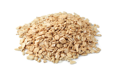 Heap of raw oatmeal on white background