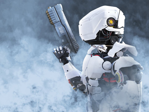 3D Rendering Of A Futuristic Robot Hero Cop Holding Gun.