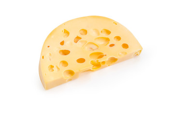 Semicircular piece of Swiss-type cheese on a white background