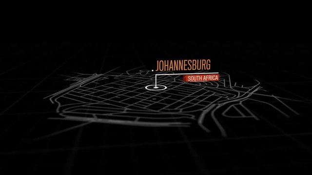 Locations Johannesburg, South Africa. Animation of marking a point in Johannesburg, South Africa. Location of the city, large shopping center. Video in 4K with resolution of 3840x2160.