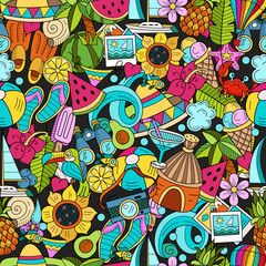 Seamless pattern. Cartoon hand drawn doodle consisting of separate elements. Summer, rest, sea, rest. Vector illustration.