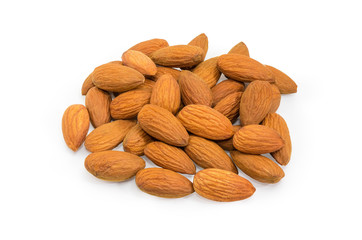 Pile of the shelled almonds on a white background