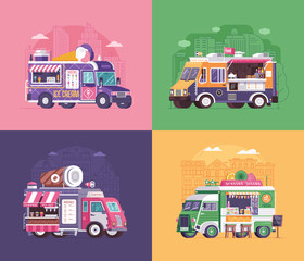 City fast food trucks and wagons set in flat design. Ice cream parlor, coffee van and summer juice caravan backgrounds. Street food festival cars with drinks and snacks on wheels.