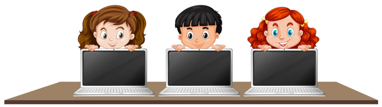 Children with Laptop on White Background