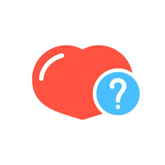 Heart icon, signs icon with question mark. Heart icon and help, how to, info, query symbol