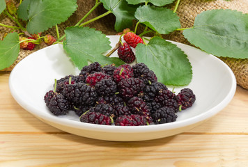 Black mulberry fruits on the saucer against of mulberry branches
