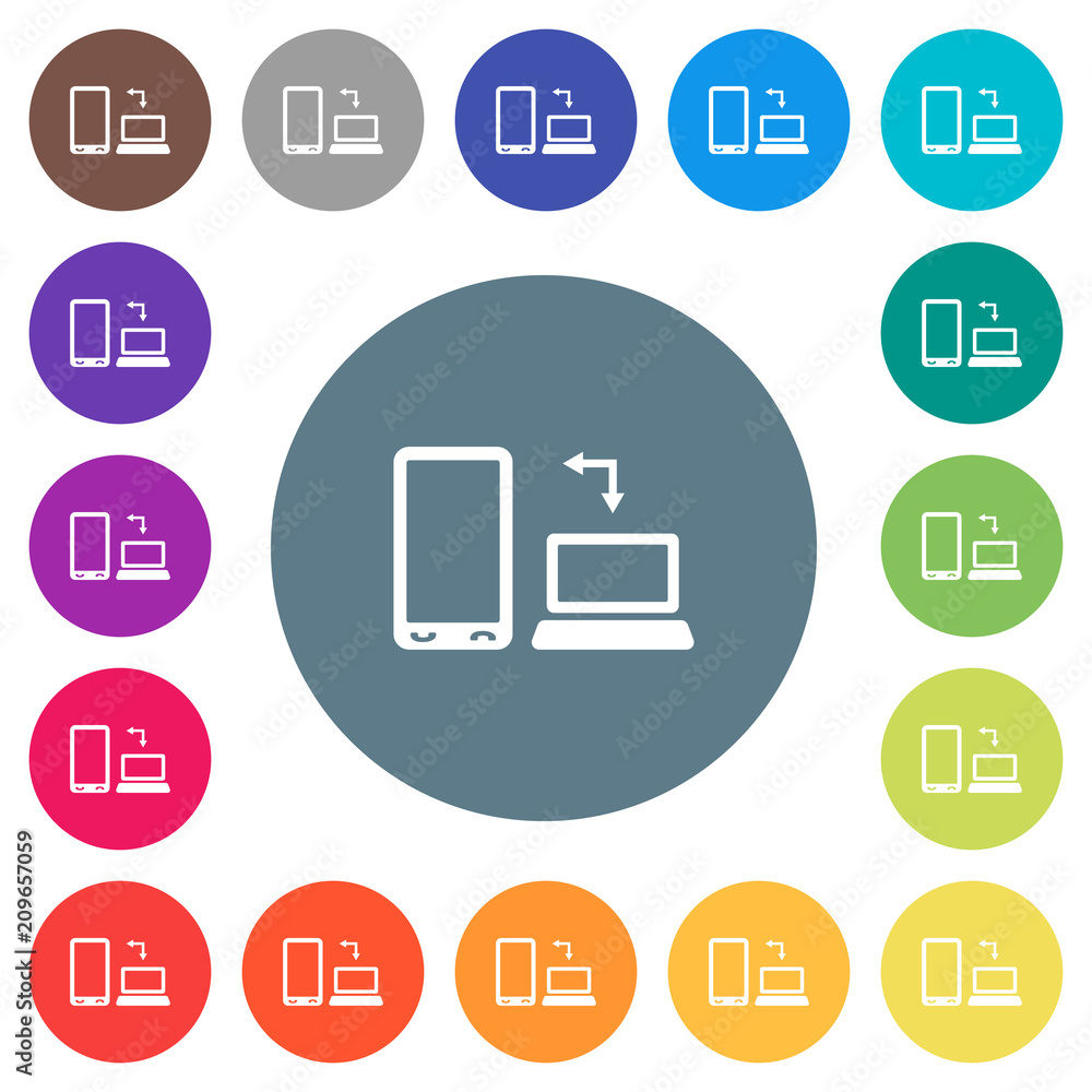 Aufkleber syncronize mobile with computer flat white icons on round color backgrounds