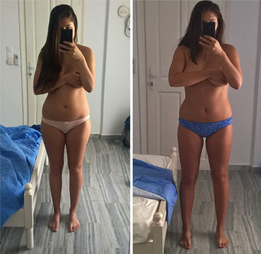 Mild weight loss during seven days before and after realistic photography. Weight loss authentic selfie photos.