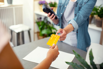 Electronic banking. Professional shop assistant taking a credit card while making a payment