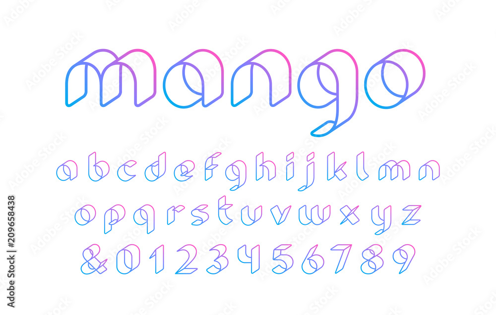 Poster 3d linear font. vector alphabet with latin letters and numbers.