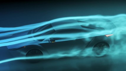 Sport Car aerodynamics drag testing inside wind tunnel. Engineering airflow.