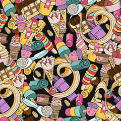 Fototapeta na wymiar Seamless pattern. Miscellaneous ice cream with fruit, nuts and topping. Hand drawn vector illustration.