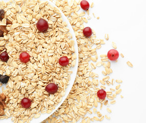 Plate with oatmeal flakes and cranberries on white background