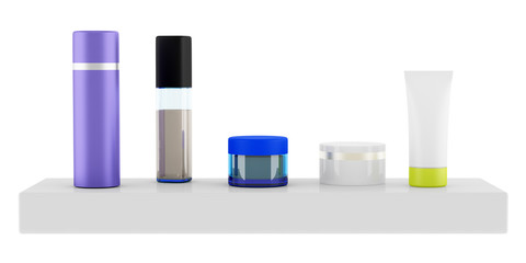 bathroom shelf with cosmetics isolated on white background