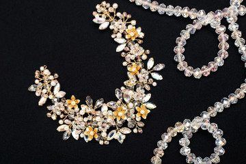 Wedding accessory, tiara for hairstyle, crystal detail on a dark background