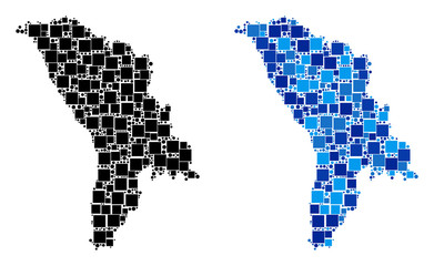 Dot Moldova map variants. Abstract geographic scheme version designed with cold blue color shades. Vector mosaic of Moldova map composed with random square and circle dots.