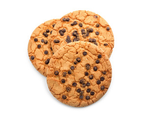 Delicious cookies with chocolate chips on white background