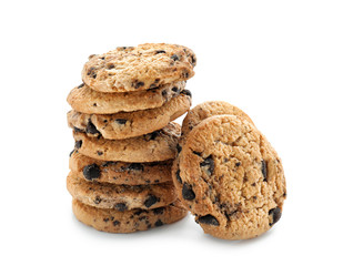 Delicious cookies with chocolate chips on white background