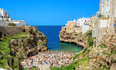 View of the beach lama monachile cala porto in the italian city Polignano. Polignano a Mare, Bari Province, Puglia, southern Italy. © Vladimir Sazonov