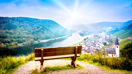 Landscape with the river Moselle in Germany. panorama of Moselle valley and Mosel - obrazy, fototapety, plakaty