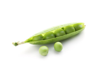 Pod with fresh green peas on white background