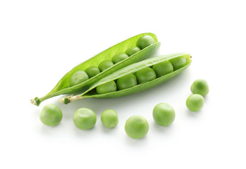 Pods with fresh green peas on white background