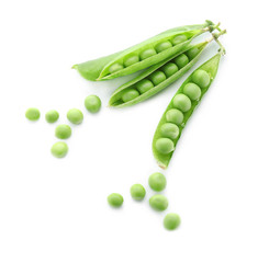 Pods with fresh green peas on white background