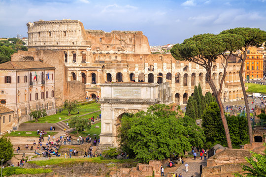 Aerial scenic view of Colosseum in Rome, Italy. Colosseum is one of the main attractions of Rome. Rome architecture and landmark.