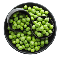 Bowls with green peas on white background