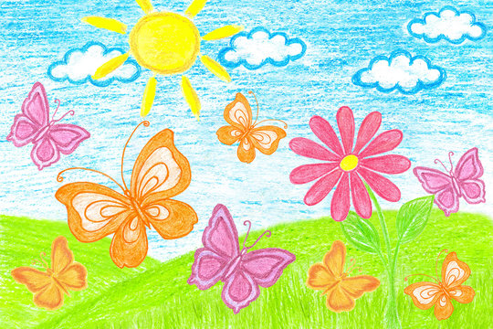 Colored pencils drawing, author's design, kid's art style wallpaper. Colorful butterflies and red daisy flower in the field.