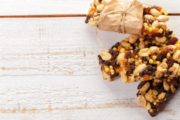 Granola bar on wooden background