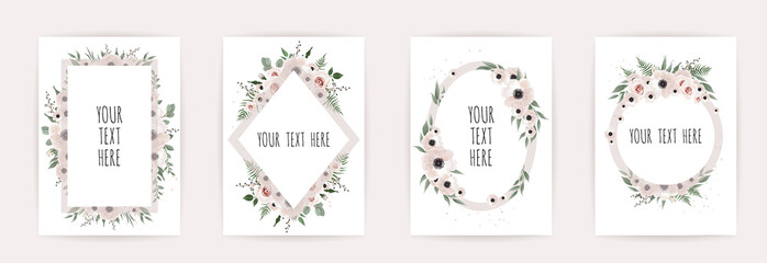 Set Vector floral design card. Greeting, postcard wedding invite template. Elegant frame with rose and anemone