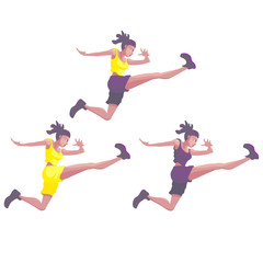 Three black girls doing sports, jump on white background